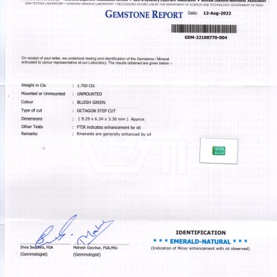 1.70 Ct Certified Untreated Natural Zambian Emerald Gemstone Panna