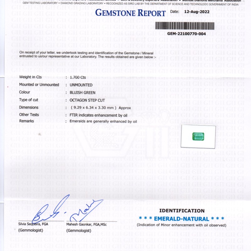 1.70 Ct Certified Untreated Natural Zambian Emerald Gemstone Panna