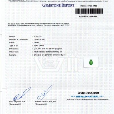 1.70 Ct GII Certified Untreated Natural Zambian Emerald Panna AAA