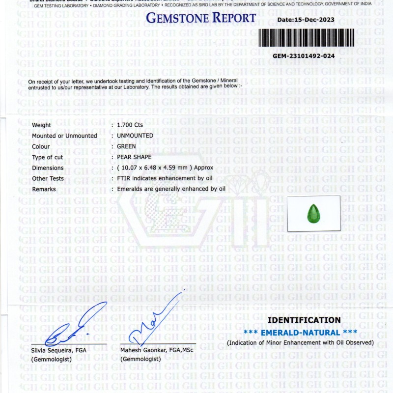 1.70 Ct GII Certified Untreated Natural Zambian Emerald Panna AAA