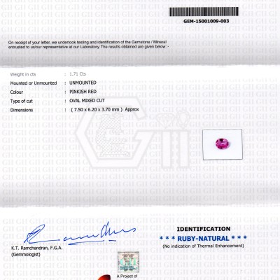 1.71 Ct 3 Ratti Certified Unheated Untreated Natural Madagaskar Ruby 1.71 Ct 3 Ratti Certified Unheated Untreated Natural Madagaskar Ruby