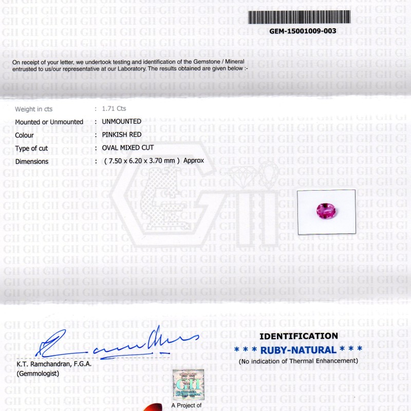 1.71 Ct 3 Ratti Certified Unheated Untreated Natural Madagaskar Ruby 1.71 Ct 3 Ratti Certified Unheated Untreated Natural Madagaskar Ruby