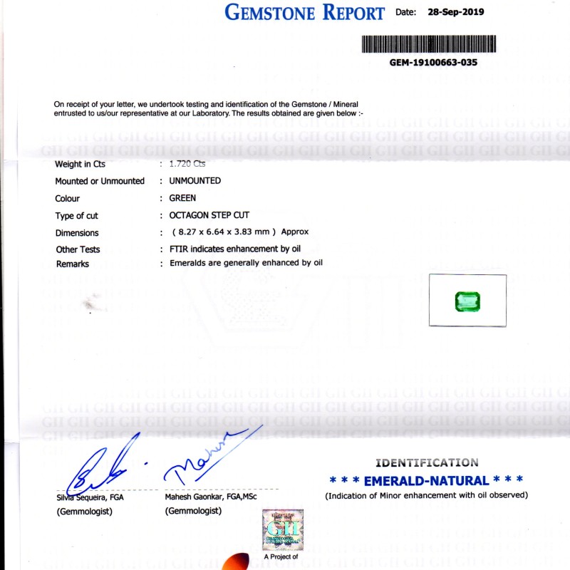 1.72 Ct GII Certified Untreated Natural Zambian Emerald Gemstone AAAAA 1.72 Ct GII Certified Untreated Natural Zambian Emerald Gemstone AAAAA