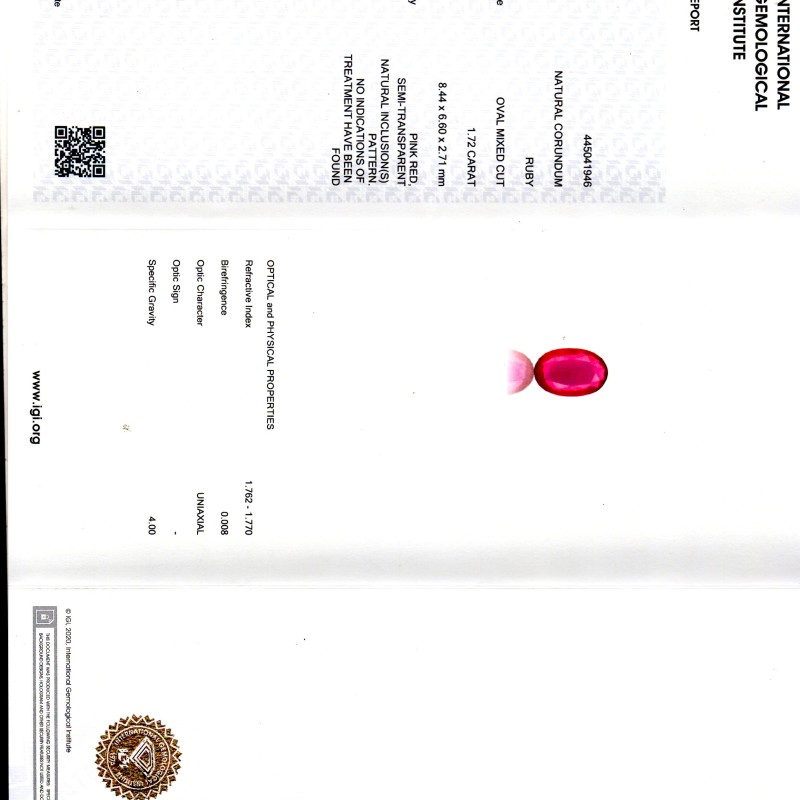 1.72 Ct IGI Certified Unheated Untreted Natural Mozambique Ruby AAAAA 1.72 Ct IGI Certified Unheated Untreted Natural Mozambique Ruby AAAAA