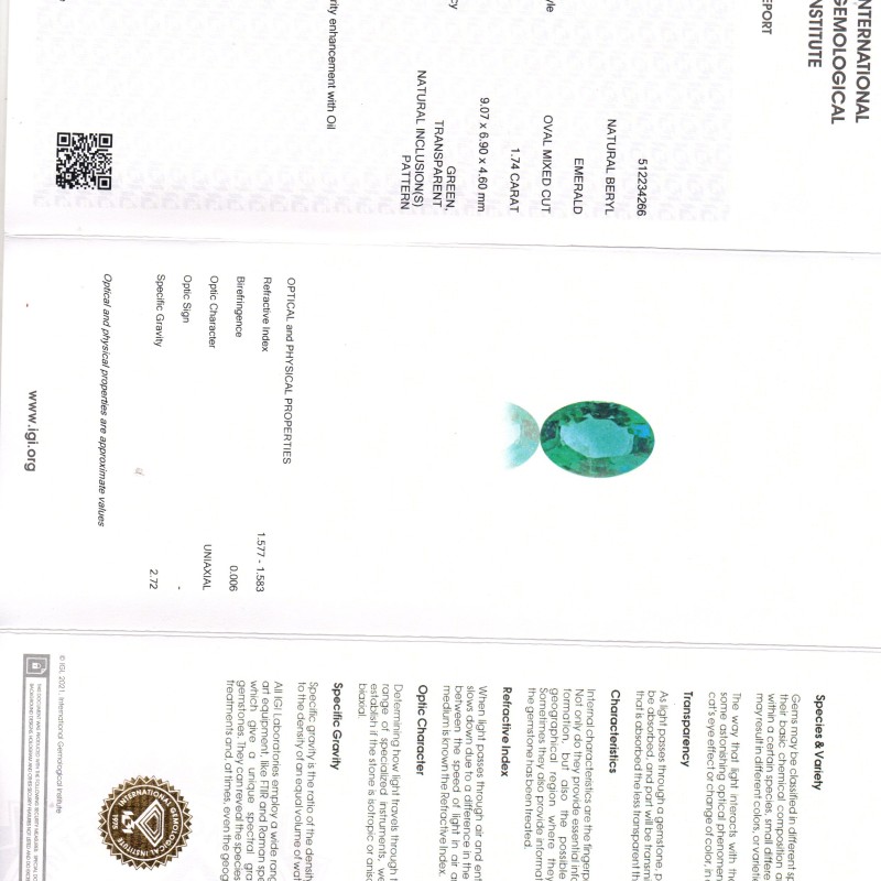 1.74 Ct IGI Certified Untreated Natural Zambian Emerald Gemstone AAA