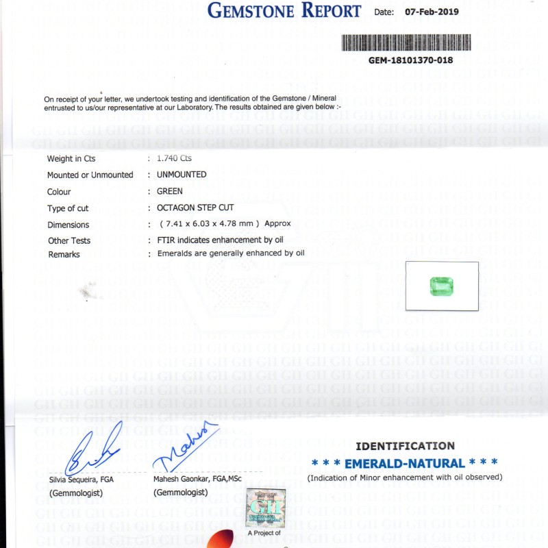 1.74 Ct Untreated Natural Zambian Emerald Gemstone Panna Gems AAAAA