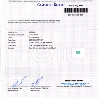 1.75 Ct GII Certified Untreated Natural Zambian Emerald Gemstone Panna