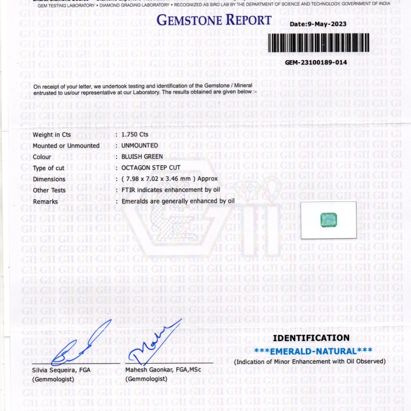 1.75 Ct GII Certified Untreated Natural Zambian Emerald Gemstone Panna