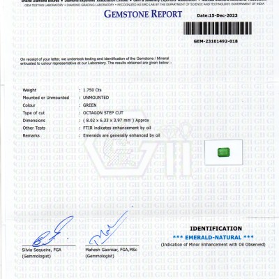 1.75 Ct GII Certified Untreated Natural Zambian Emerald Panna AAA