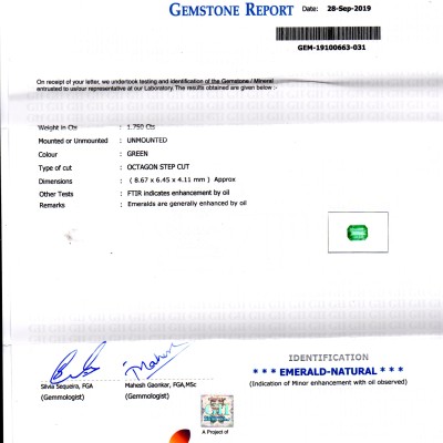 1.75 Ct GII Certified Untreated Natural Zambian Emerald Gemstone AAAAA 1.75 Ct GII Certified Untreated Natural Zambian Emerald Gemstone AAAAA