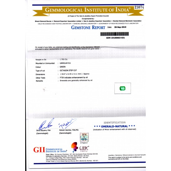1.75 Ct GII Certified Untreated Natural Zambian Emerald Gemstone AAAAA