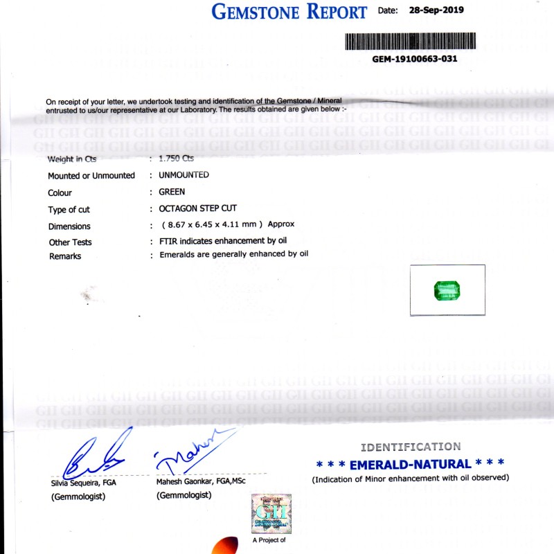 1.75 Ct GII Certified Untreated Natural Zambian Emerald Gemstone AAAAA 1.75 Ct GII Certified Untreated Natural Zambian Emerald Gemstone AAAAA