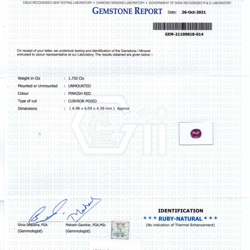 1.75 Ct GII Certified Unheated Untreted Natural Madagaskar Ruby Gems