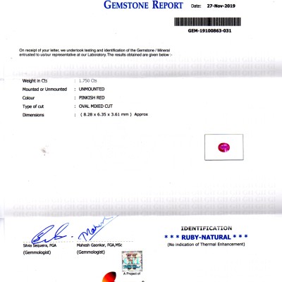 1.75 Ct GII Certified Unheated Untreated Natural Madagaskar Ruby 1.75 Ct GII Certified Unheated Untreated Natural Madagaskar Ruby