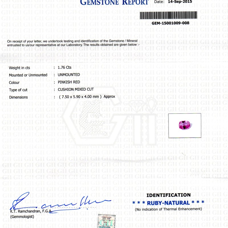 1.76 Ct 3 Ratti Certified Unheated Untreated Natural Madagaskar Ruby