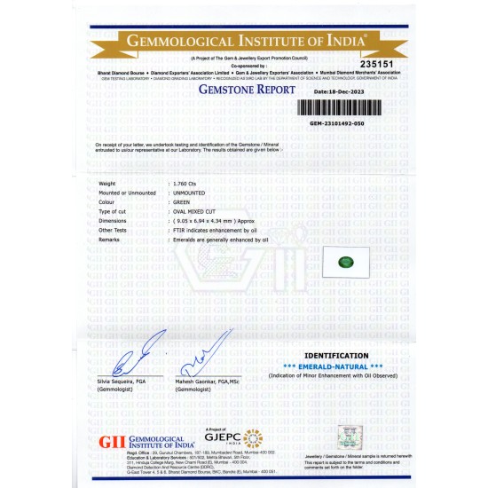 1.76 Ct GII Certified Untreated Natural Zambian Emerald Panna AAA