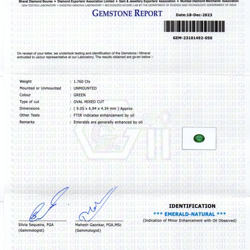 1.76 Ct GII Certified Untreated Natural Zambian Emerald Panna AAA