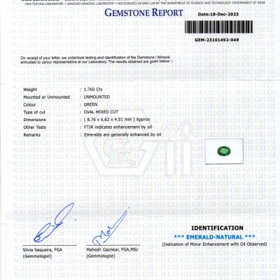 1.76 Ct GII Certified Untreated Natural Zambian Emerald Panna AAAA 1.76 Ct GII Certified Untreated Natural Zambian Emerald Panna AAAA