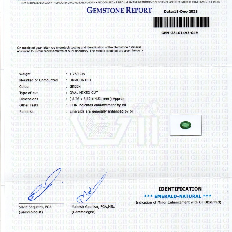 1.76 Ct GII Certified Untreated Natural Zambian Emerald Panna AAAA 1.76 Ct GII Certified Untreated Natural Zambian Emerald Panna AAAA