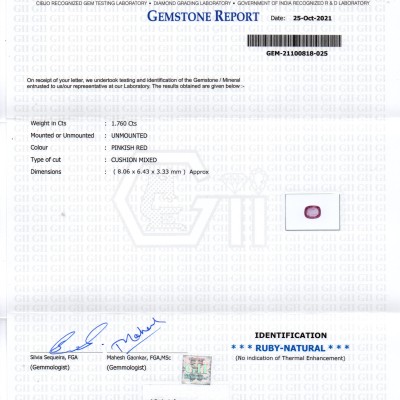 1.76 Ct GII Certified Unheated Untreted Natural Madagaskar Ruby Gems