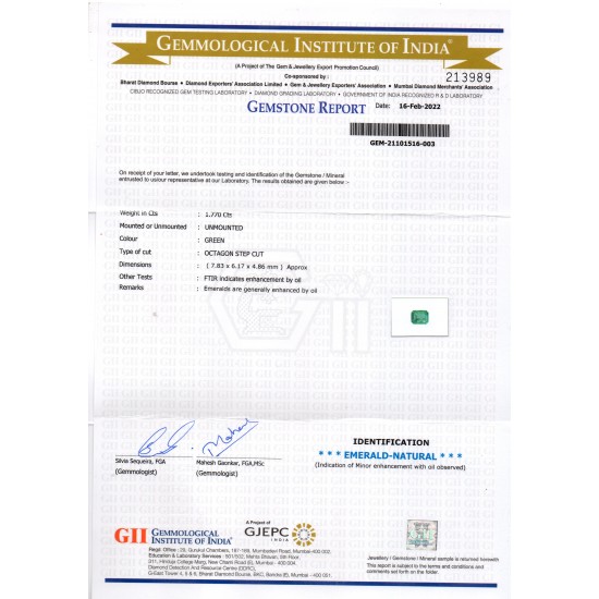 1.77 Ct GII Certified Untreated Natural Zambian Emerald Gemstone AAA