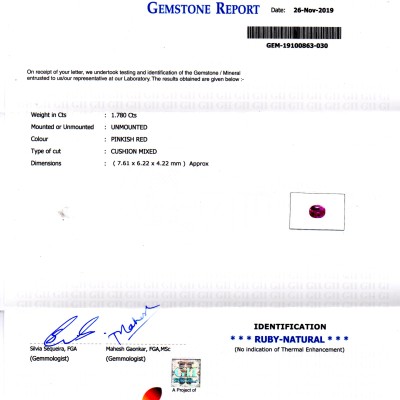 1.78 Ct GII Certified Unheated Untreated Natural Madagaskar Ruby