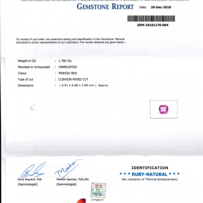 1.78 Ct GII Certified Unheated Untreated Natural Madagaskar Ruby AAA 1.78 Ct GII Certified Unheated Untreated Natural Madagaskar Ruby AAA