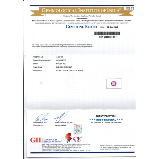 1.78 Ct GII Certified Unheated Untreated Natural Madagaskar Ruby AAA