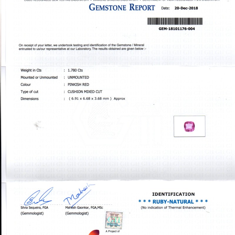 1.78 Ct GII Certified Unheated Untreated Natural Madagaskar Ruby AAA 1.78 Ct GII Certified Unheated Untreated Natural Madagaskar Ruby AAA