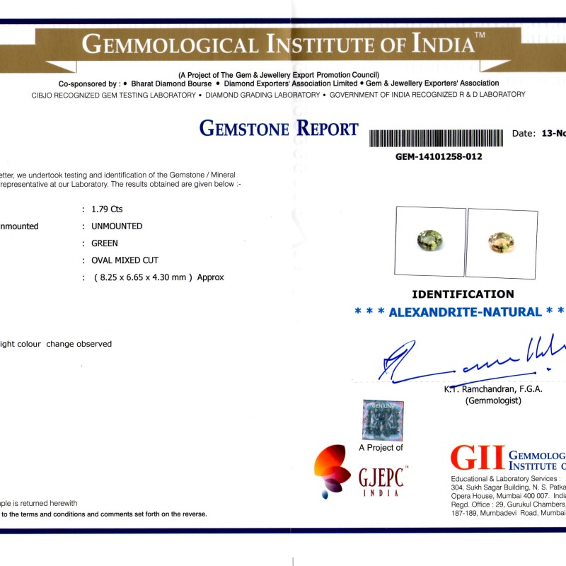 1.79 Ct Untreated Natural Certified Colour Changing Alexandrite 1.79 Ct Untreated Natural Certified Colour Changing Alexandrite