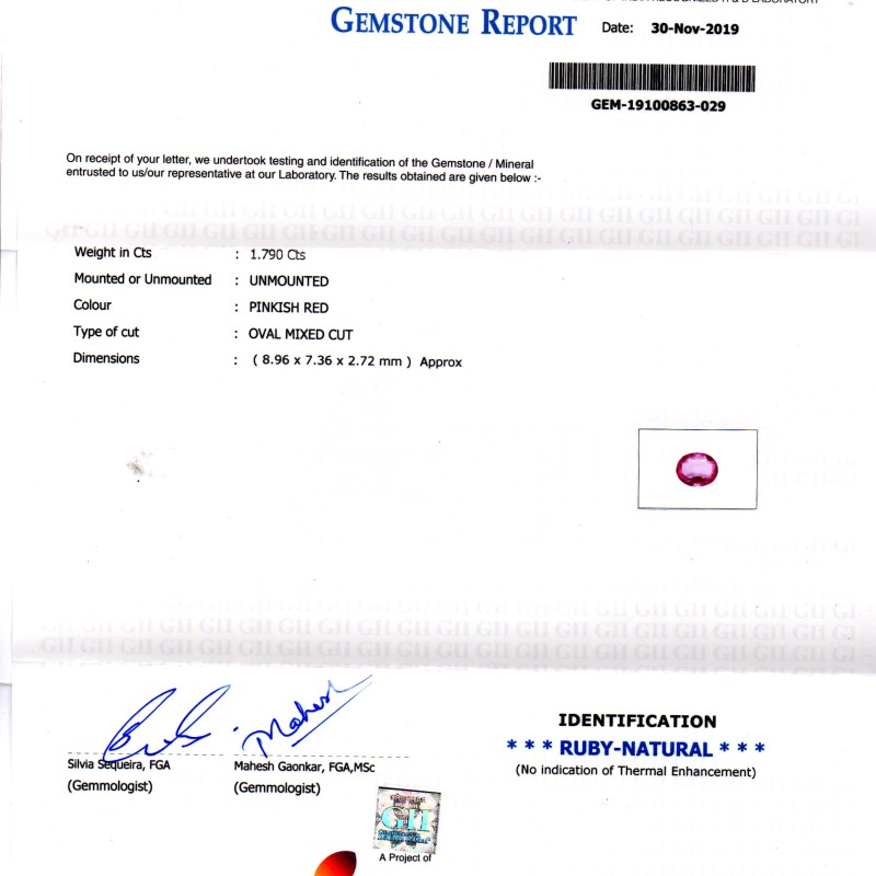 1.79 Ct GII Certified Unheated Untreated Natural Madagaskar Ruby 1.79 Ct GII Certified Unheated Untreated Natural Madagaskar Ruby