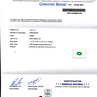 1.80 Ct GII Certified Untreated Natural Zambian Emerald Gemstone AA