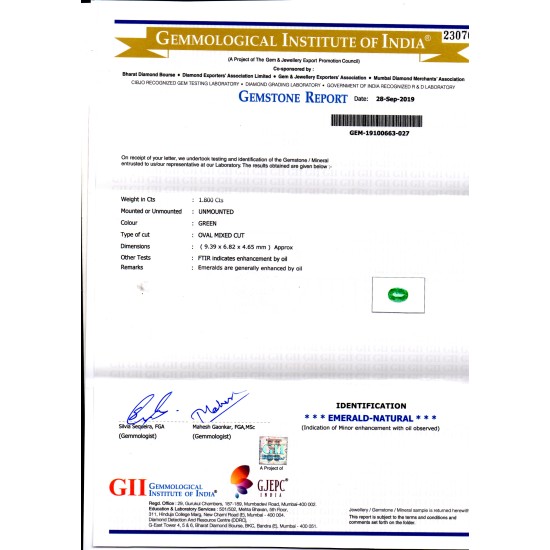 1.80 Ct GII Certified Untreated Natural Zambian Emerald Gemstone AA