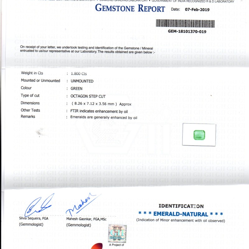 1.80 Ct Untreated Natural Zambian Emerald Gemstone Panna Gems AAAAA