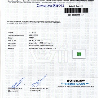1.81 Ct GII Certified Untreated Natural Zambian Emerald Panna AAAA