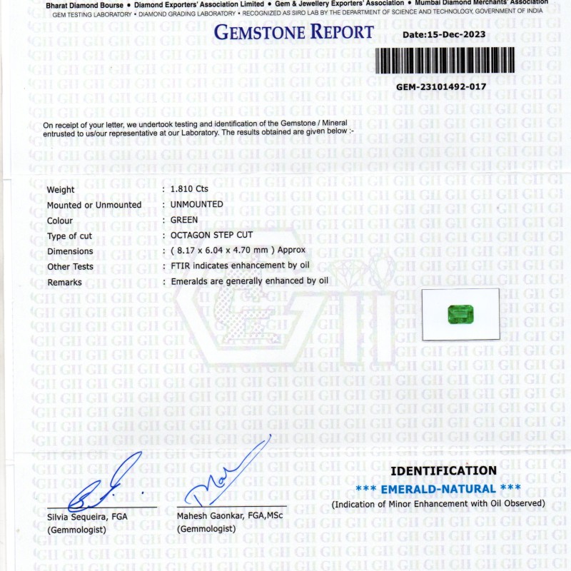 1.81 Ct GII Certified Untreated Natural Zambian Emerald Panna AAAA