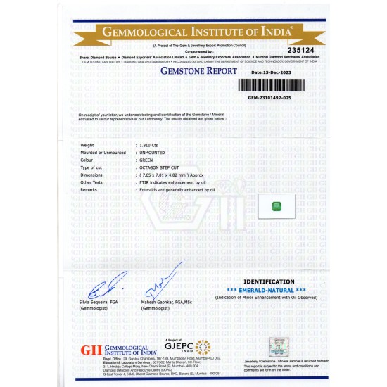 1.81 Ct GII Certified Untreated Natural Zambian Emerald Panna AAA