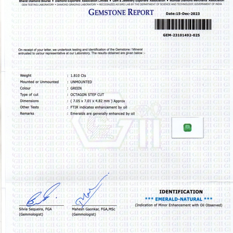 1.81 Ct GII Certified Untreated Natural Zambian Emerald Panna AAA