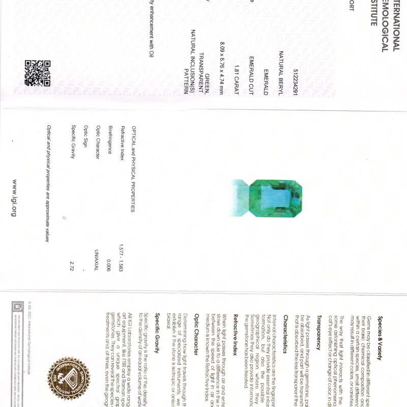 1.81 Ct IGI Certified Untreated Natural Zambian Emerald Gemstone AAA 1.81 Ct IGI Certified Untreated Natural Zambian Emerald Gemstone AAA