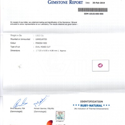 1.81 Ct GII Certified Unheated Untreated Natural Madagaskar Ruby AAA 1.81 Ct GII Certified Unheated Untreated Natural Madagaskar Ruby AAA