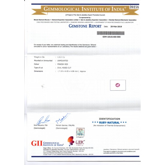 1.81 Ct GII Certified Unheated Untreated Natural Madagaskar Ruby AAA