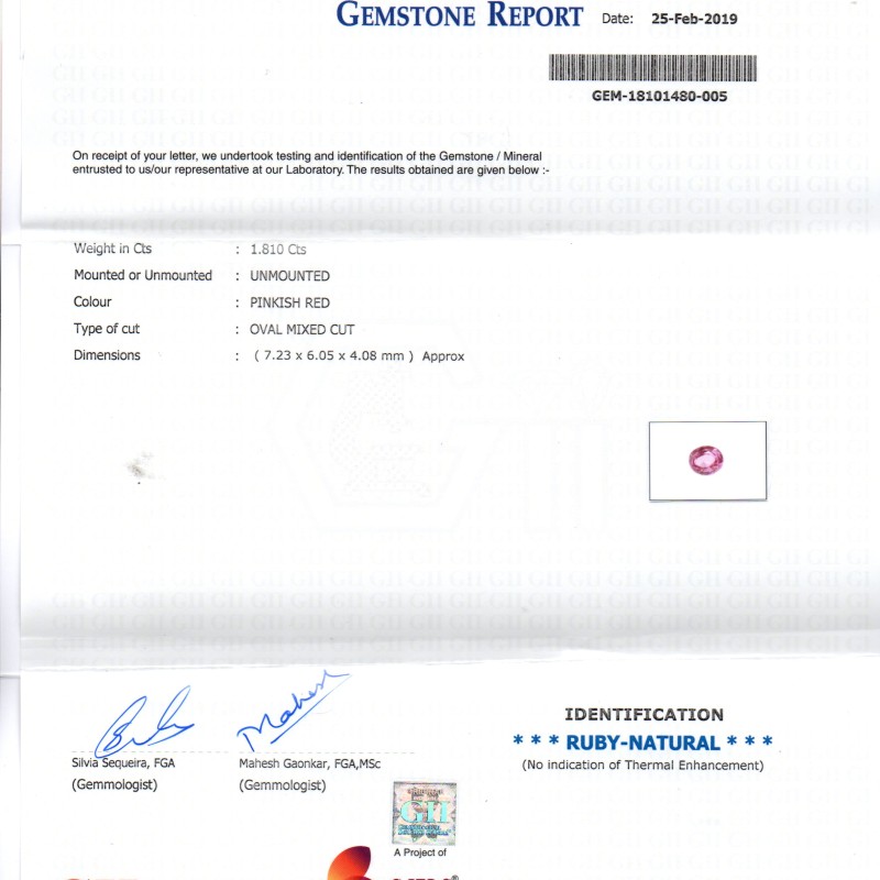 1.81 Ct GII Certified Unheated Untreated Natural Madagaskar Ruby AAA 1.81 Ct GII Certified Unheated Untreated Natural Madagaskar Ruby AAA