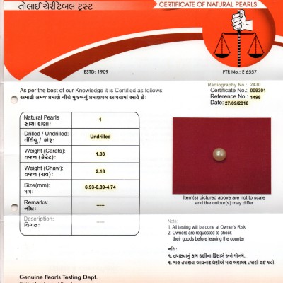 1.83 Ct 2.18 Chaw Natural Basra Pearl Real Basra Moti Certified 1.83 Ct 2.18 Chaw Natural Basra Pearl Real Basra Moti Certified