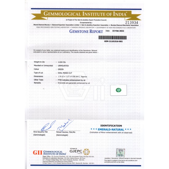 1.83 Ct GII Certified Untreated Natural Zambian Emerald Gemstone AAA