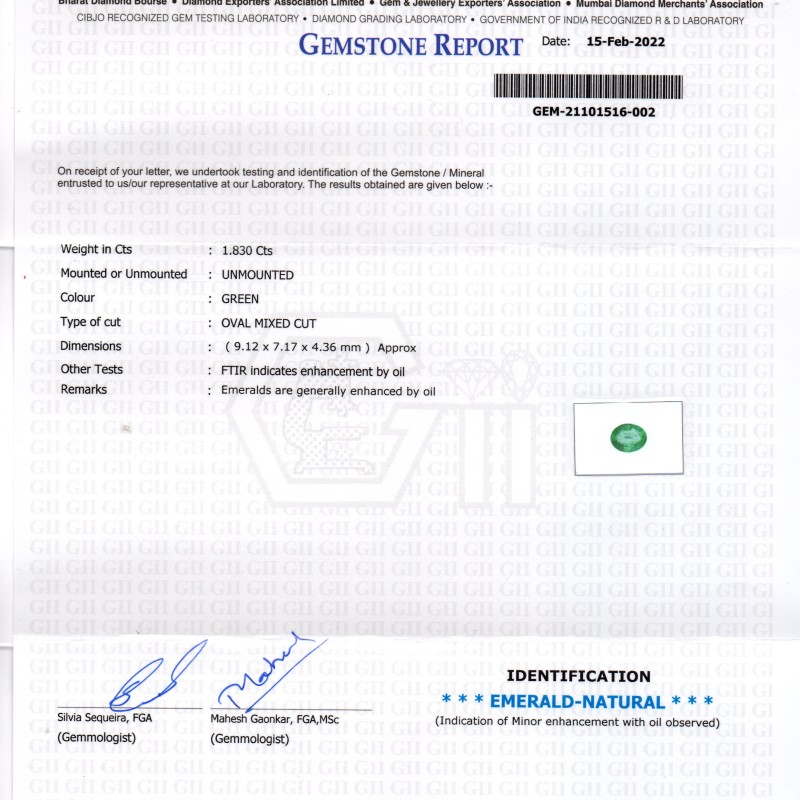 1.83 Ct GII Certified Untreated Natural Zambian Emerald Gemstone AAA