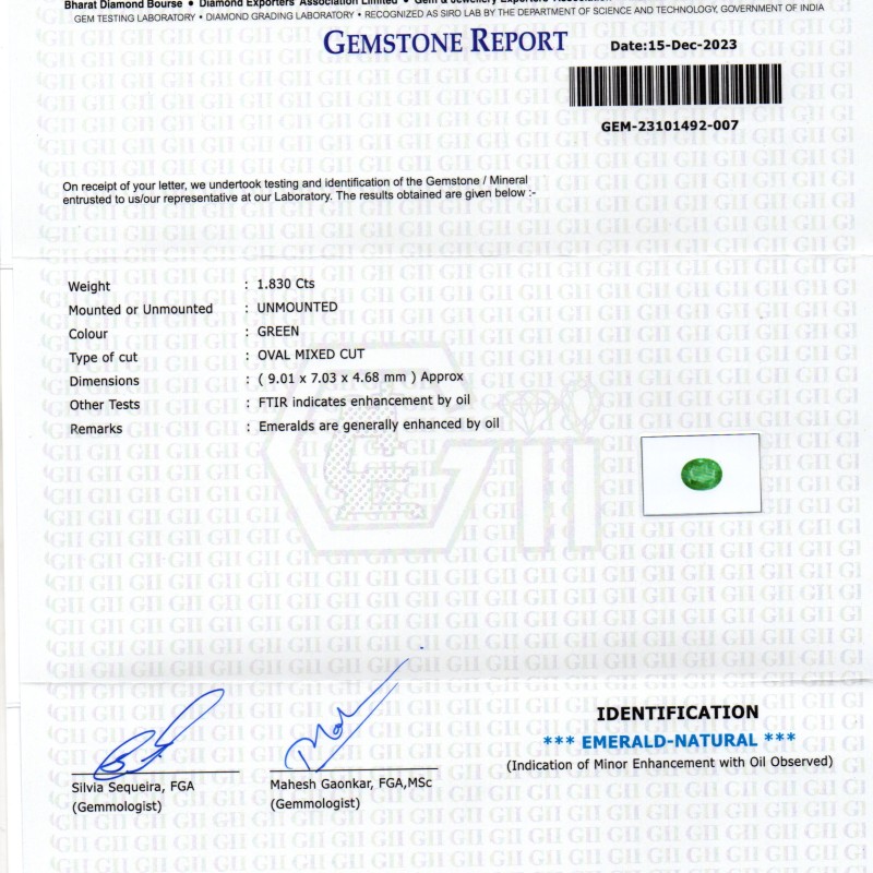 1.83 Ct GII Certified Untreated Natural Zambian Emerald Panna AAAA