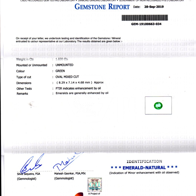 1.83 Ct GII Certified Untreated Natural Zambian Emerald Gemstone AAA 1.83 Ct GII Certified Untreated Natural Zambian Emerald Gemstone AAA