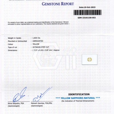 1.83 Ct Certified Unheated Untreated Natural Ceylon Yellow Sapphire 1.83 Ct Certified Unheated Untreated Natural Ceylon Yellow Sapphire