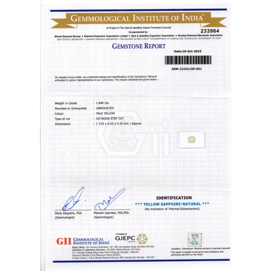 1.84 Ct Certified Unheated Untreated Natural Ceylon Yellow Sapphire