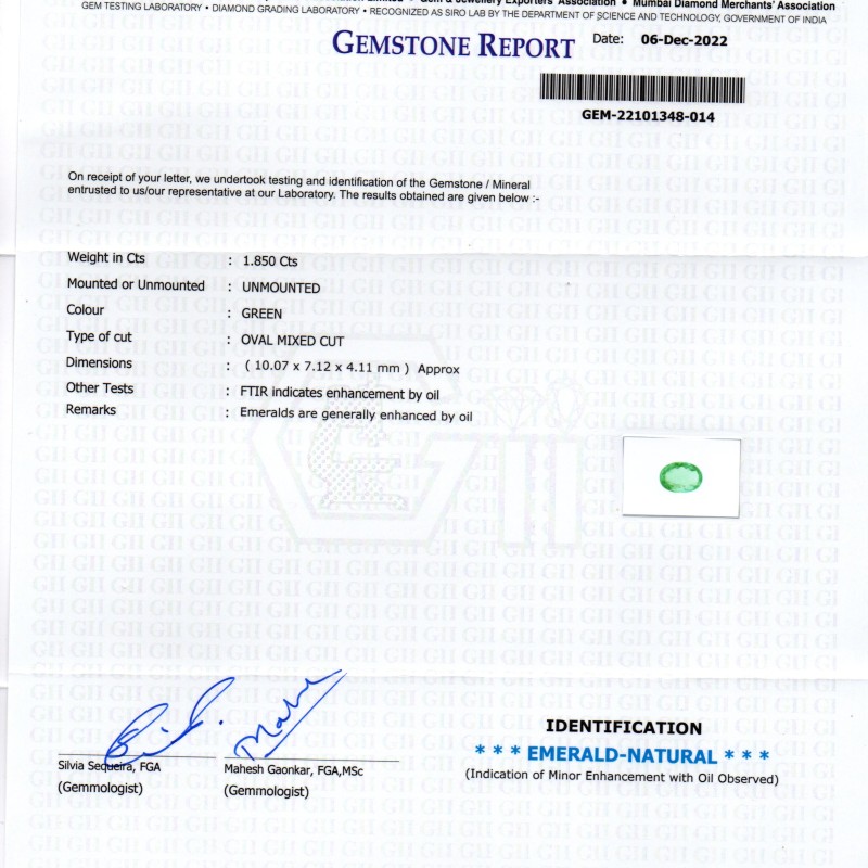 1.85 Ct GII Certified Untreated Natural Colombian Emerald Gemstone AAA 1.85 Ct GII Certified Untreated Natural Colombian Emerald Gemstone AAA